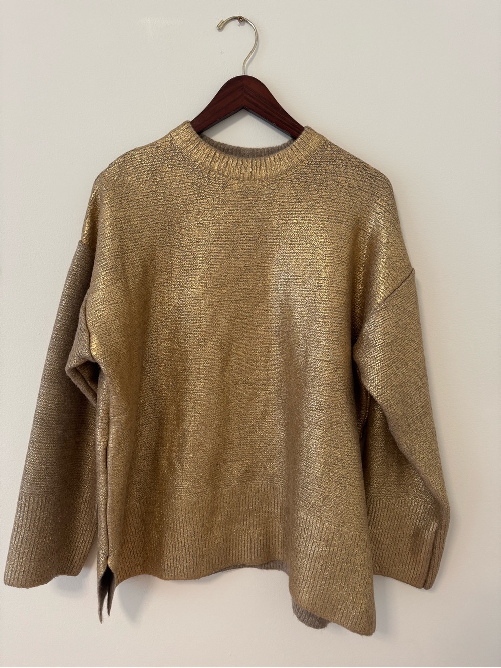 Zara cracked metallic gold oversized knit sweater size Small